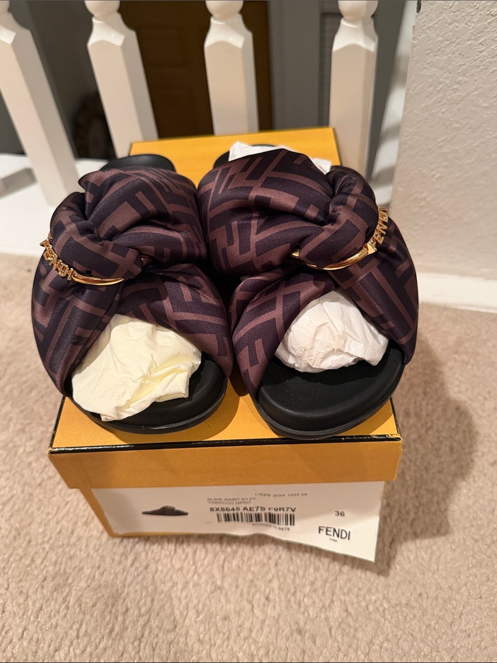Fendi  Brown Logo-Print Knotted Satin Slide Sandals with Gold Accent